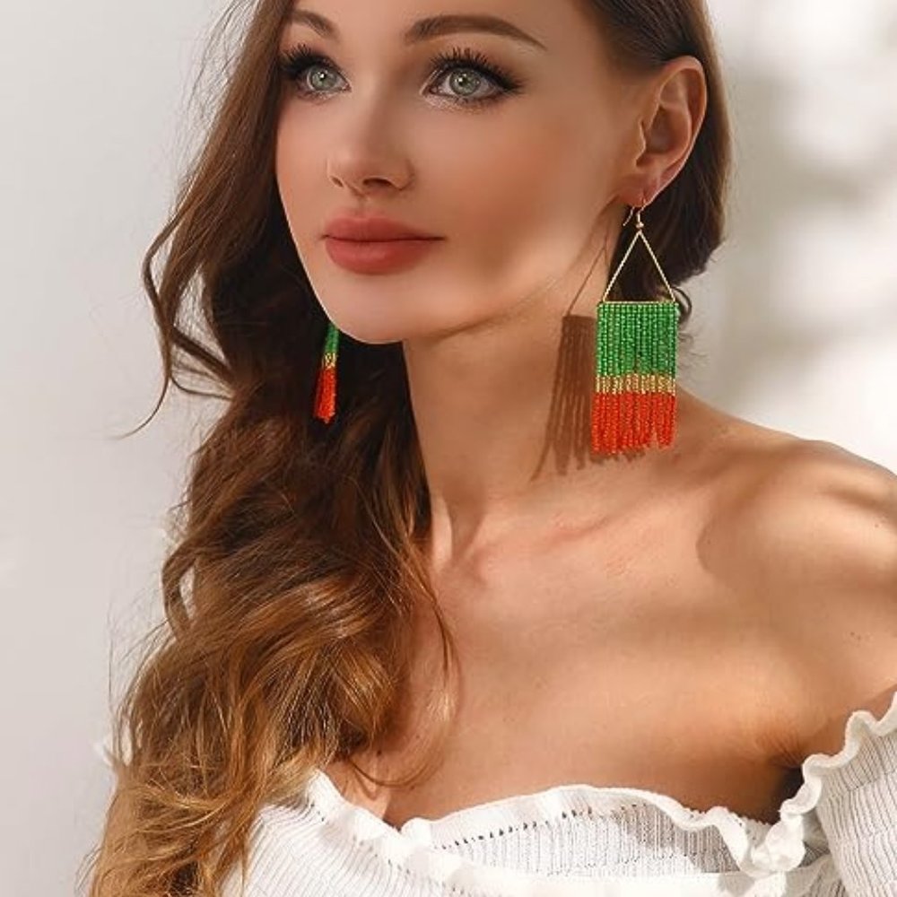 Long 4" Triangle Red Green Gold Beaded Fringe Earrings Big Geometric Tassel New